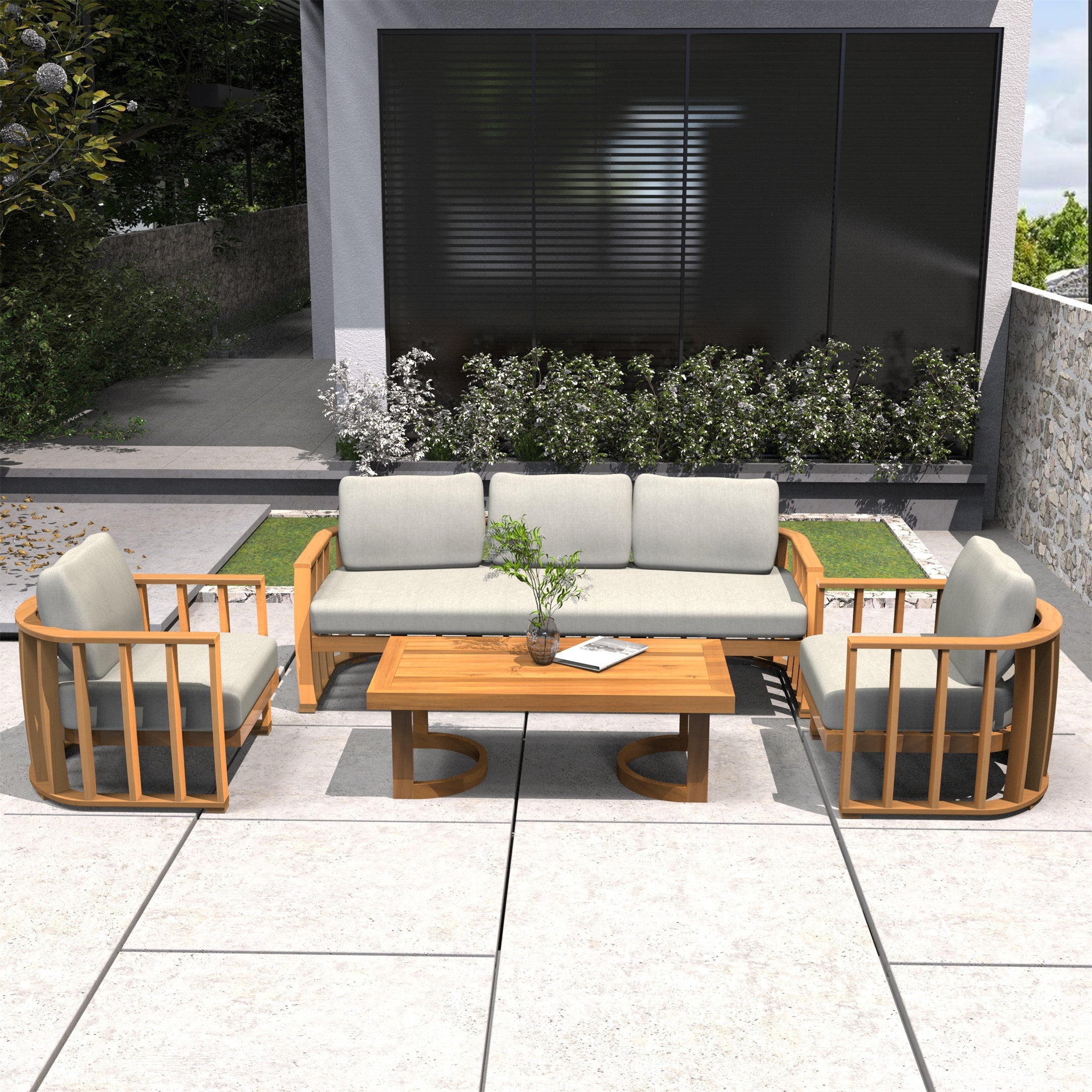 Rebel 5-Seater Wood Patio Conversation Set (PAS-2521-3SC+SC*2+TA) - Direct Wicker