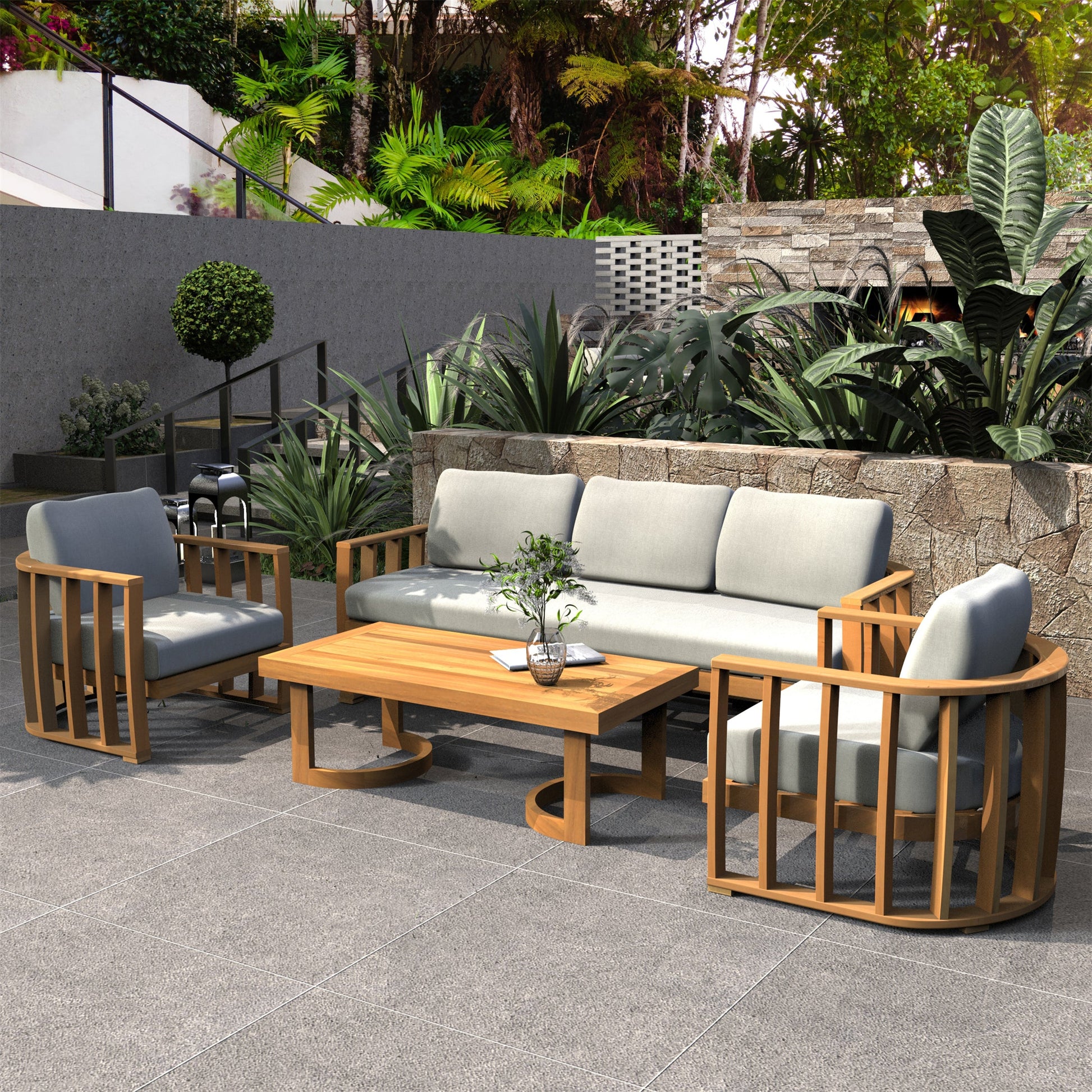 Rebel 5-Seater Wood Patio Conversation Set (PAS-2521-3SC+SC*2+TA) - Direct Wicker