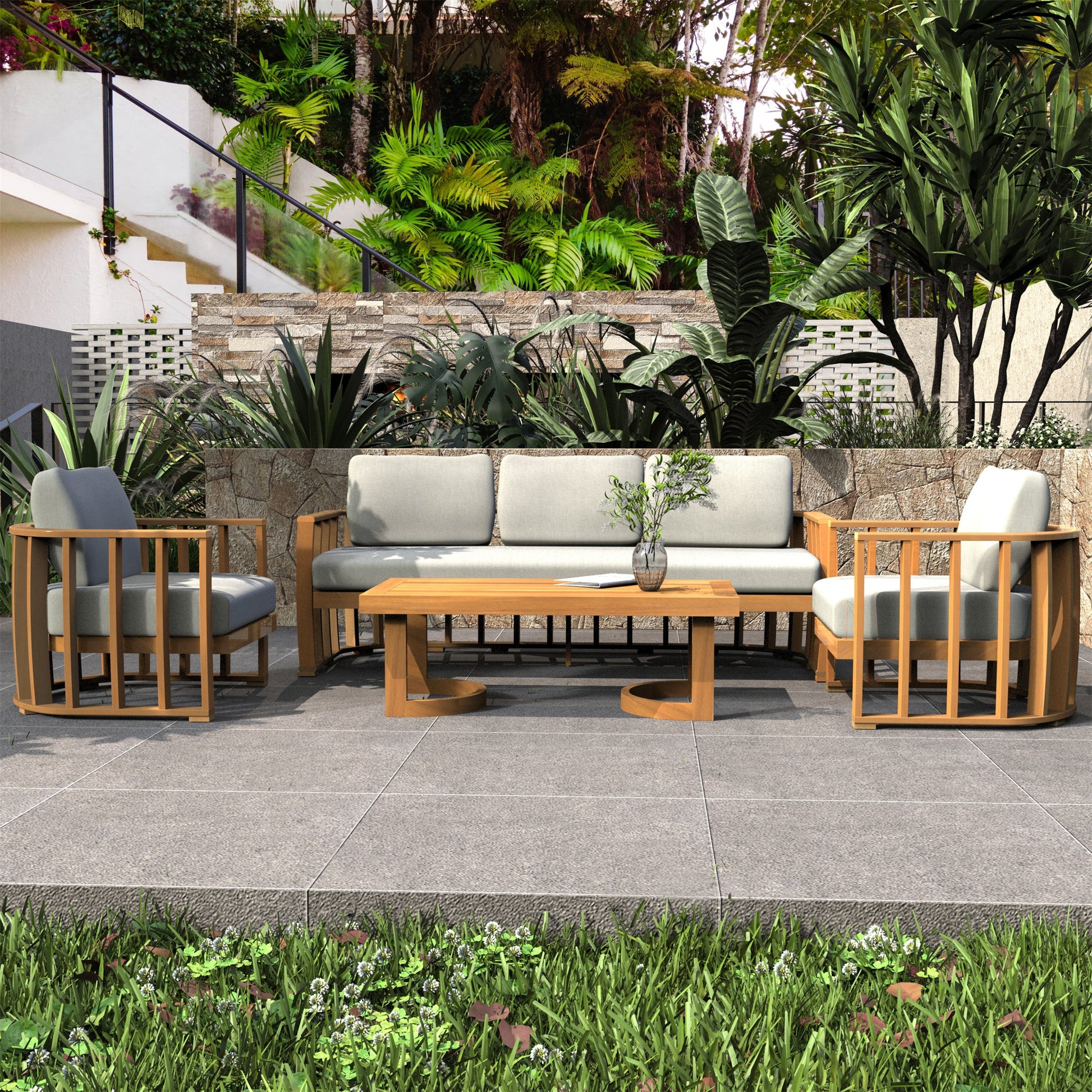 Rebel 5-Seater Wood Patio Conversation Set (PAS-2521-3SC+SC*2+TA) - Direct Wicker
