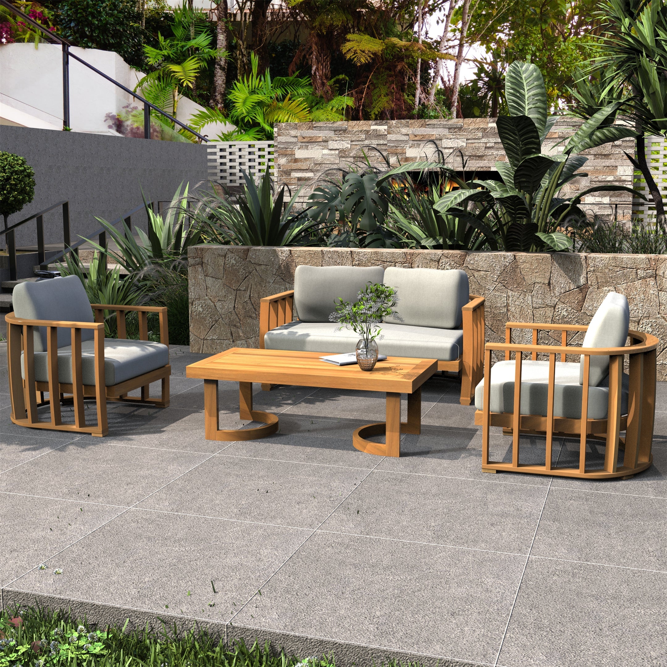 Rebel 4-Seater Wood Patio Conversation Set (PAS-2521-2SC+SC*2+TA)