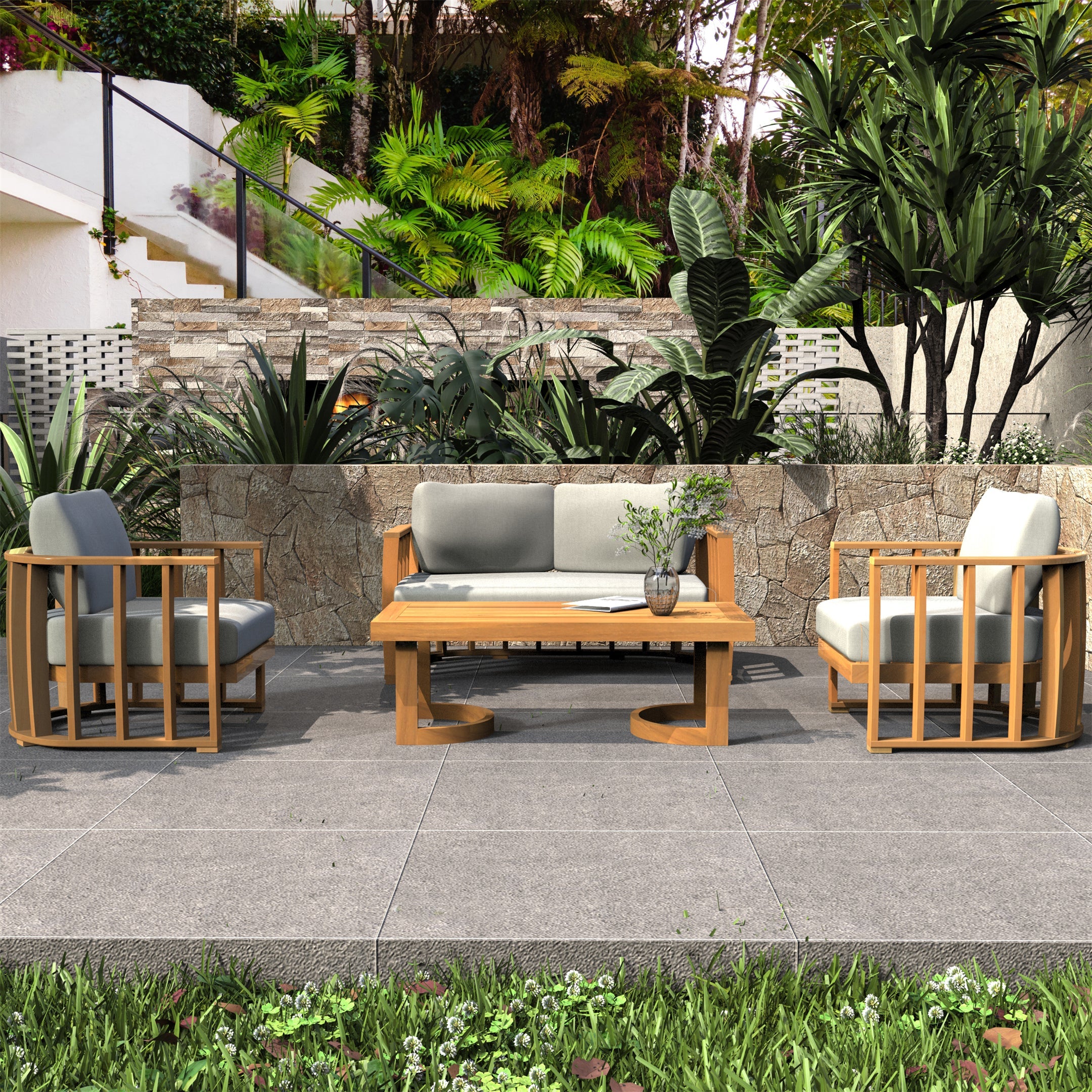 Rebel 4-Seater Wood Patio Conversation Set (PAS-2521-2SC+SC*2+TA)