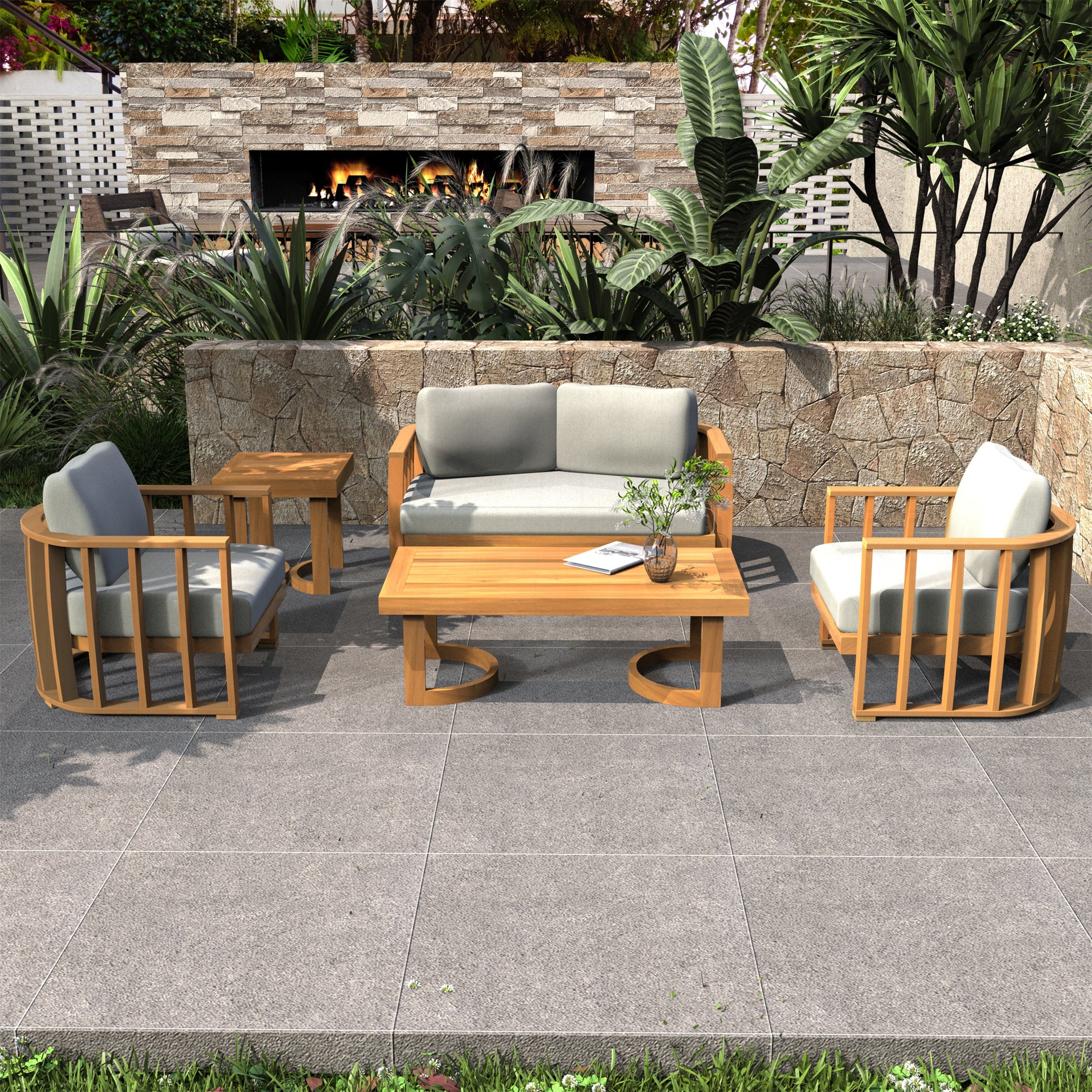 Rebel 4-Seater Wood Patio Conversation Set with Footstool (PAS-2521-2SC+SC*2+TA+ST)
