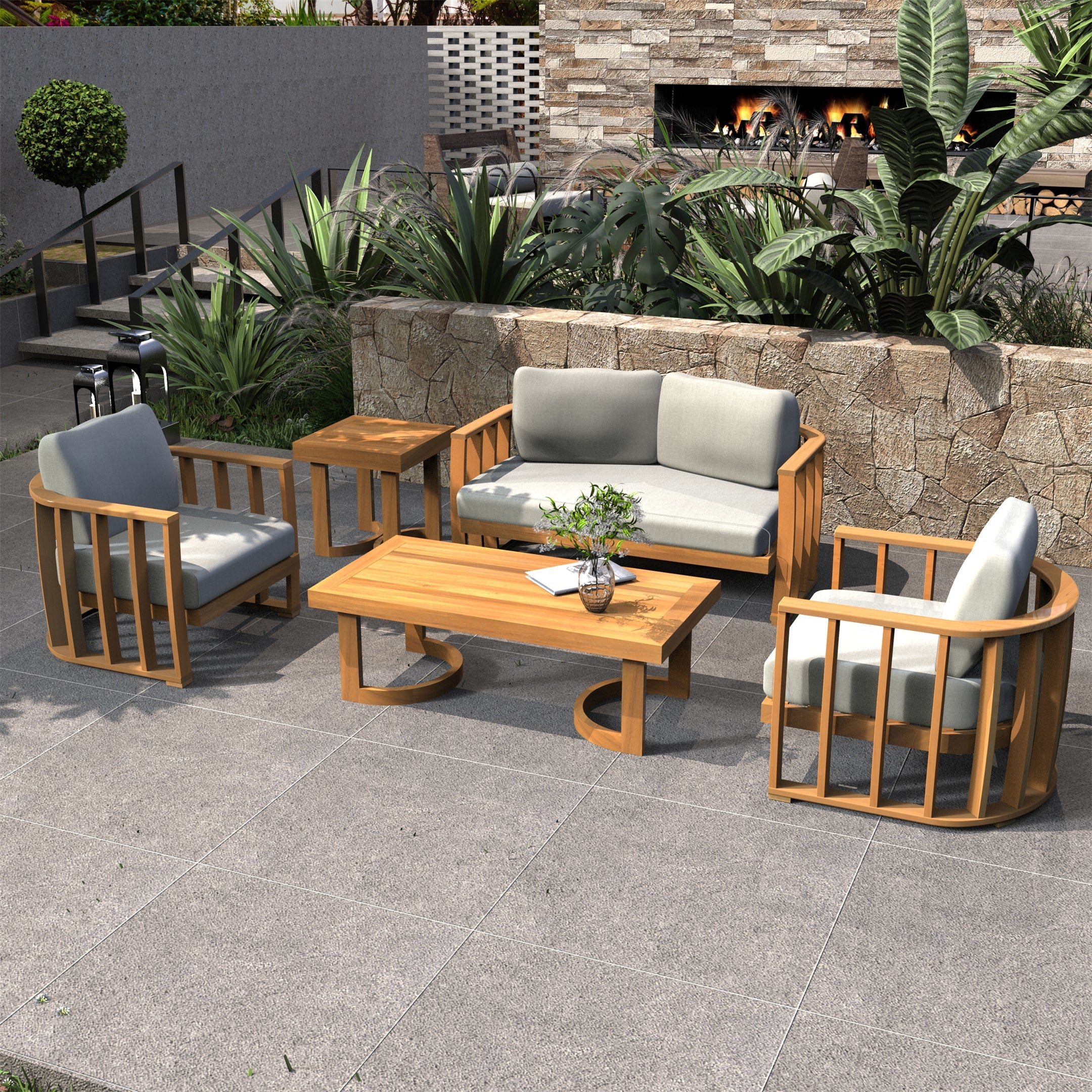 Rebel 4-Seater Wood Patio Conversation Set with Footstool (PAS-2521-2SC+SC*2+TA+ST)