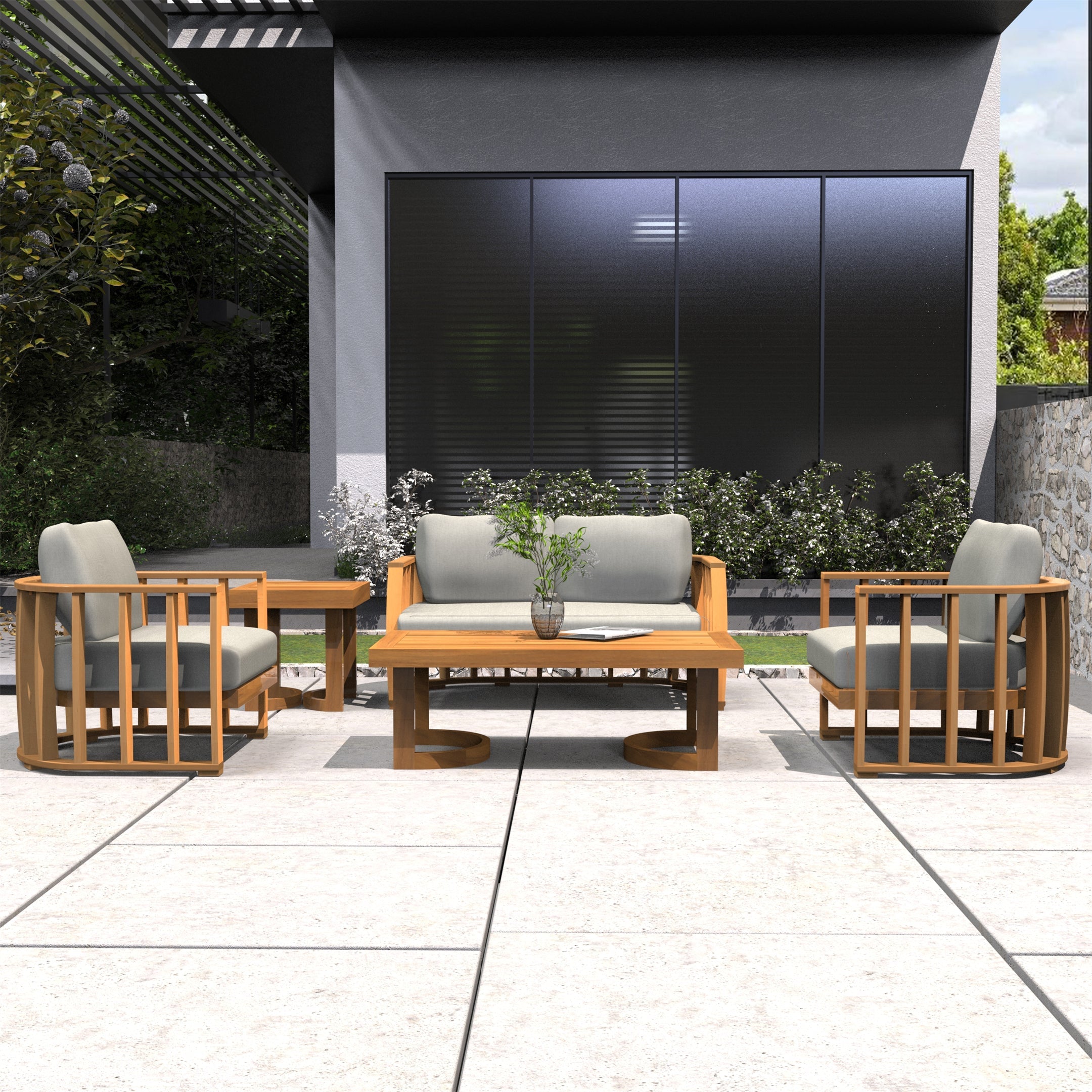Rebel 4-Seater Wood Patio Conversation Set with Footstool (PAS-2521-2SC+SC*2+TA+ST)