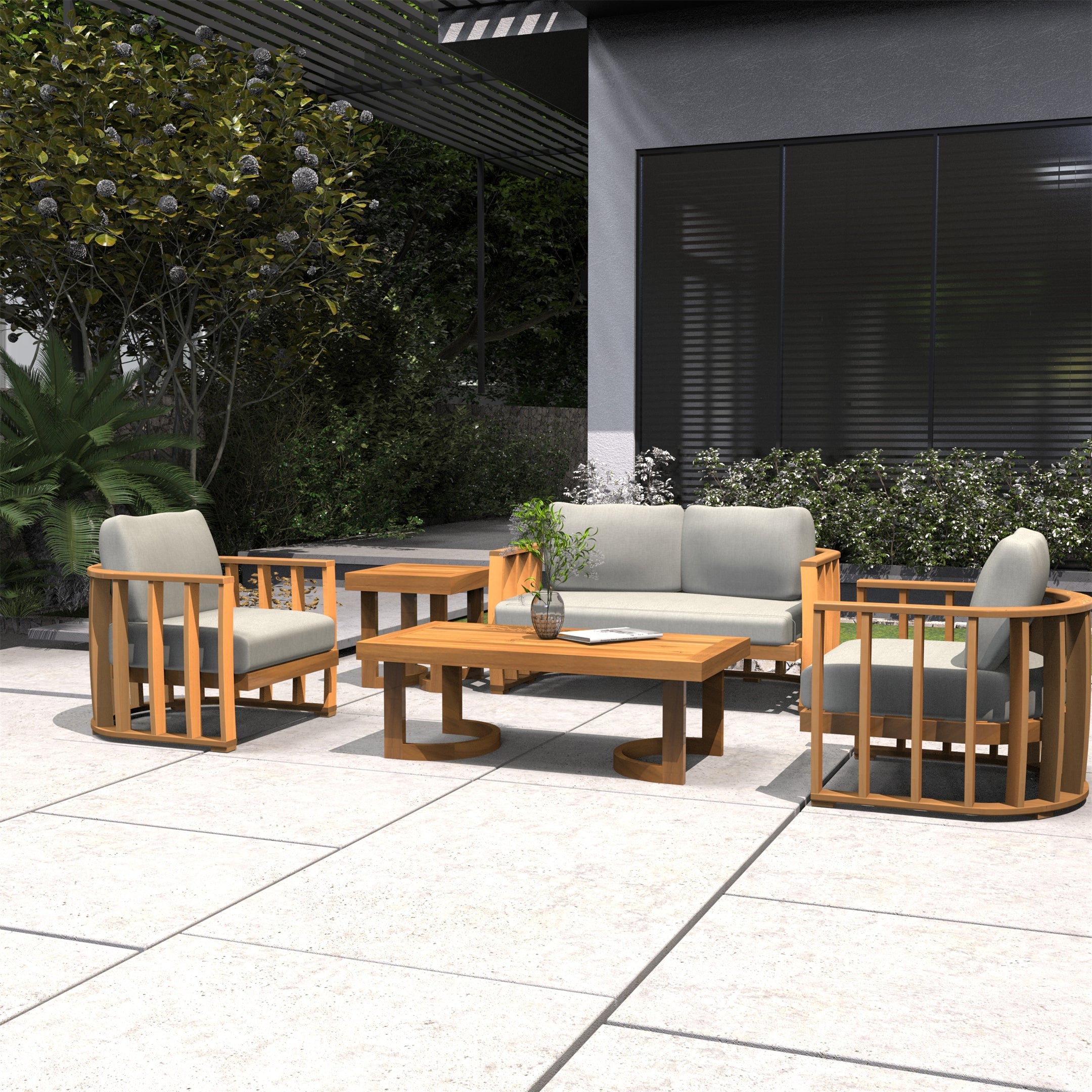 Rebel 4-Seater Wood Patio Conversation Set with Footstool (PAS-2521-2SC+SC*2+TA+ST)