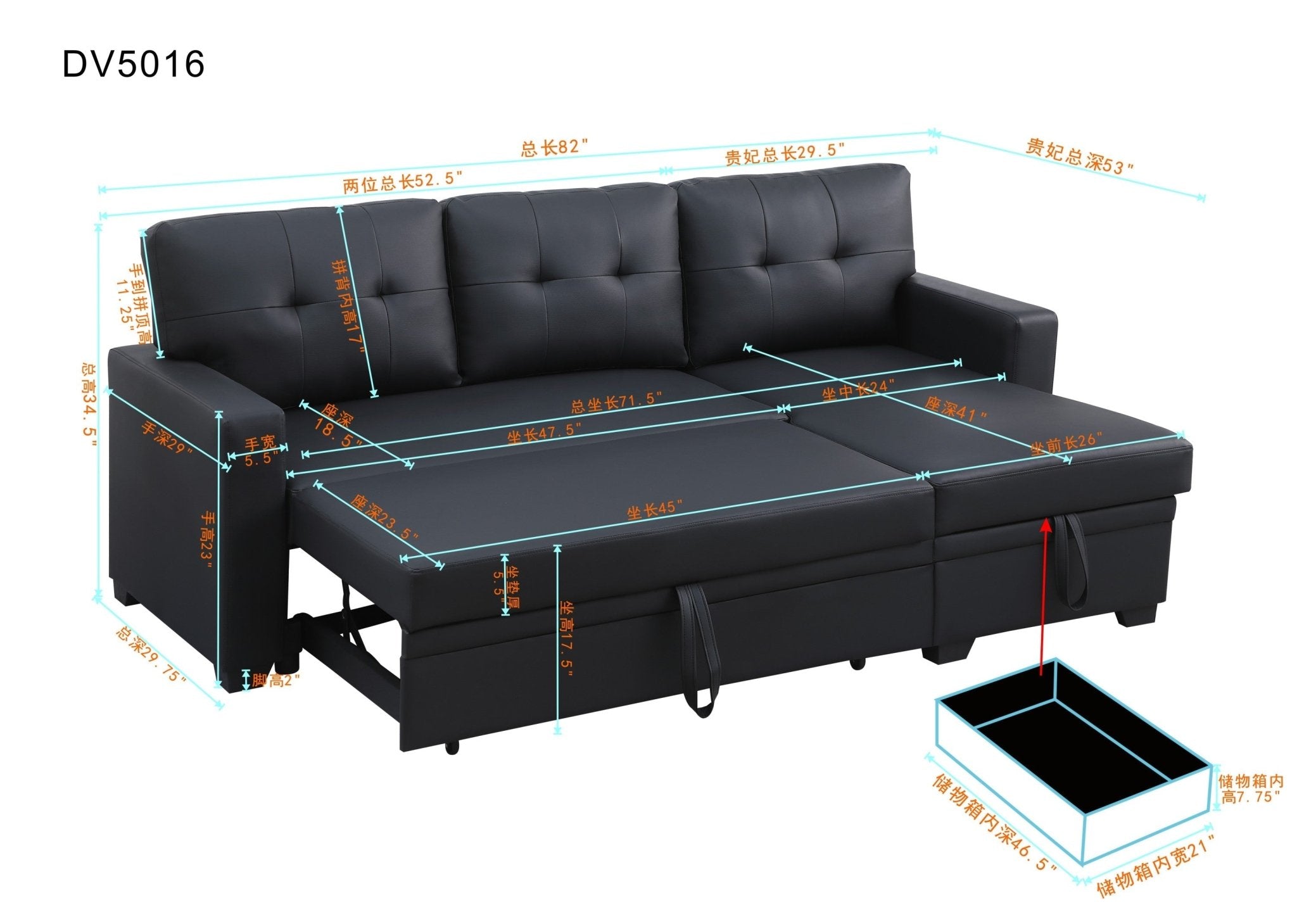 Upholstered Pull out Sectional Sofa with Chaise (B102S00006) - Direct Wicker
