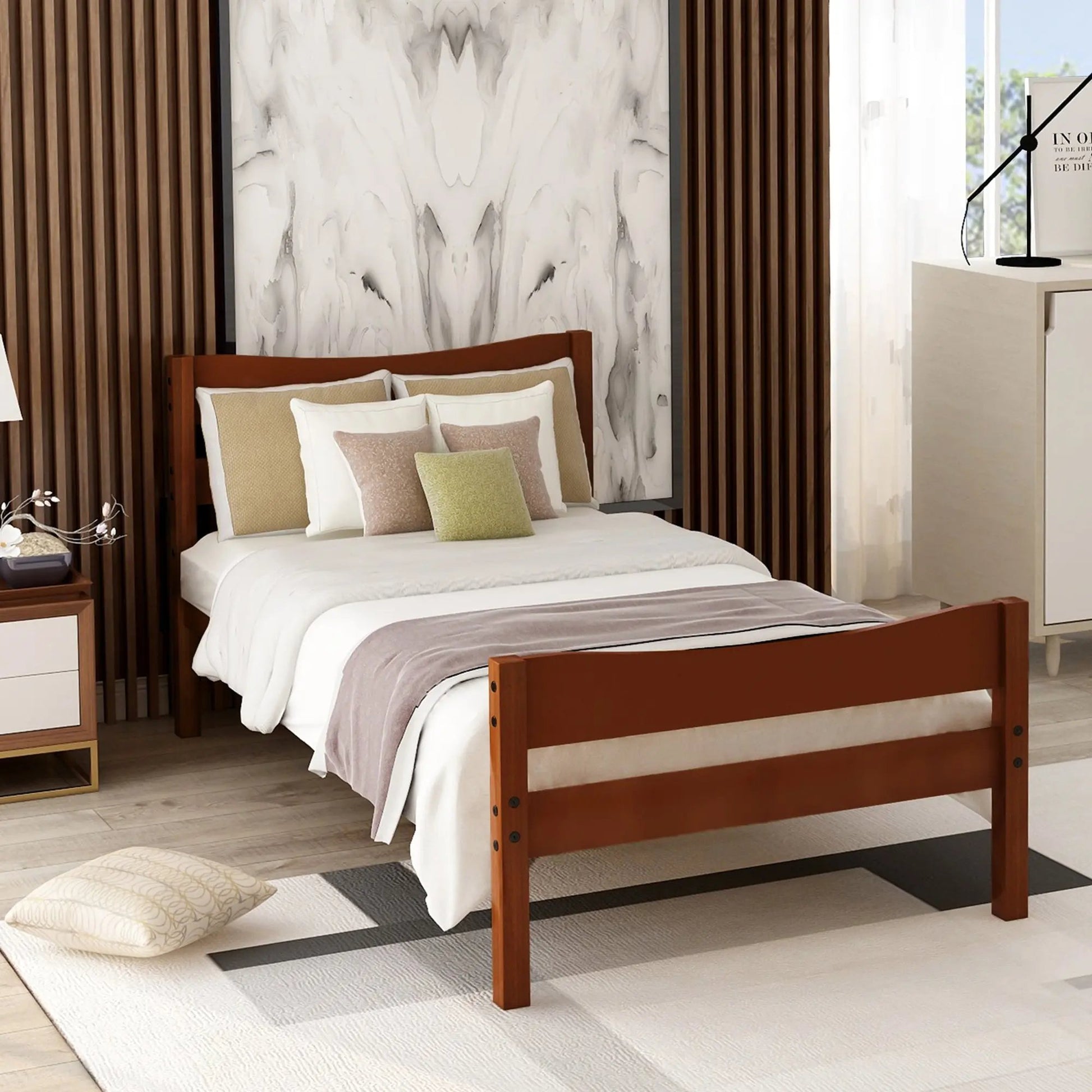 Walnut Twin Size Wood Platform Bed with Headboard and Wooden Slat Support - Direct Wicker
