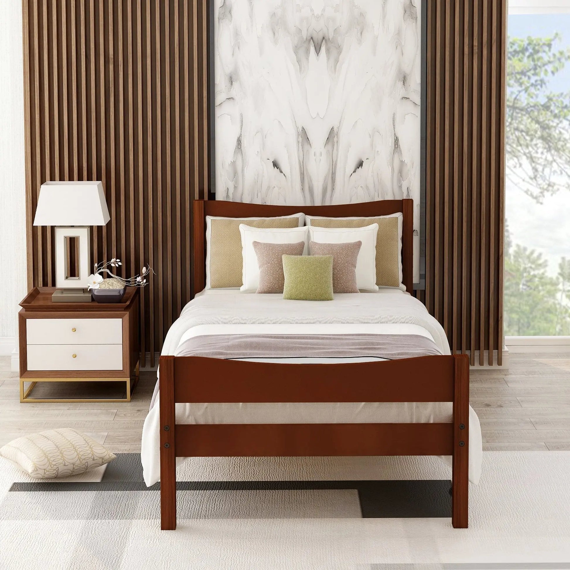 Walnut Twin Size Wood Platform Bed with Headboard and Wooden Slat Support - Direct Wicker