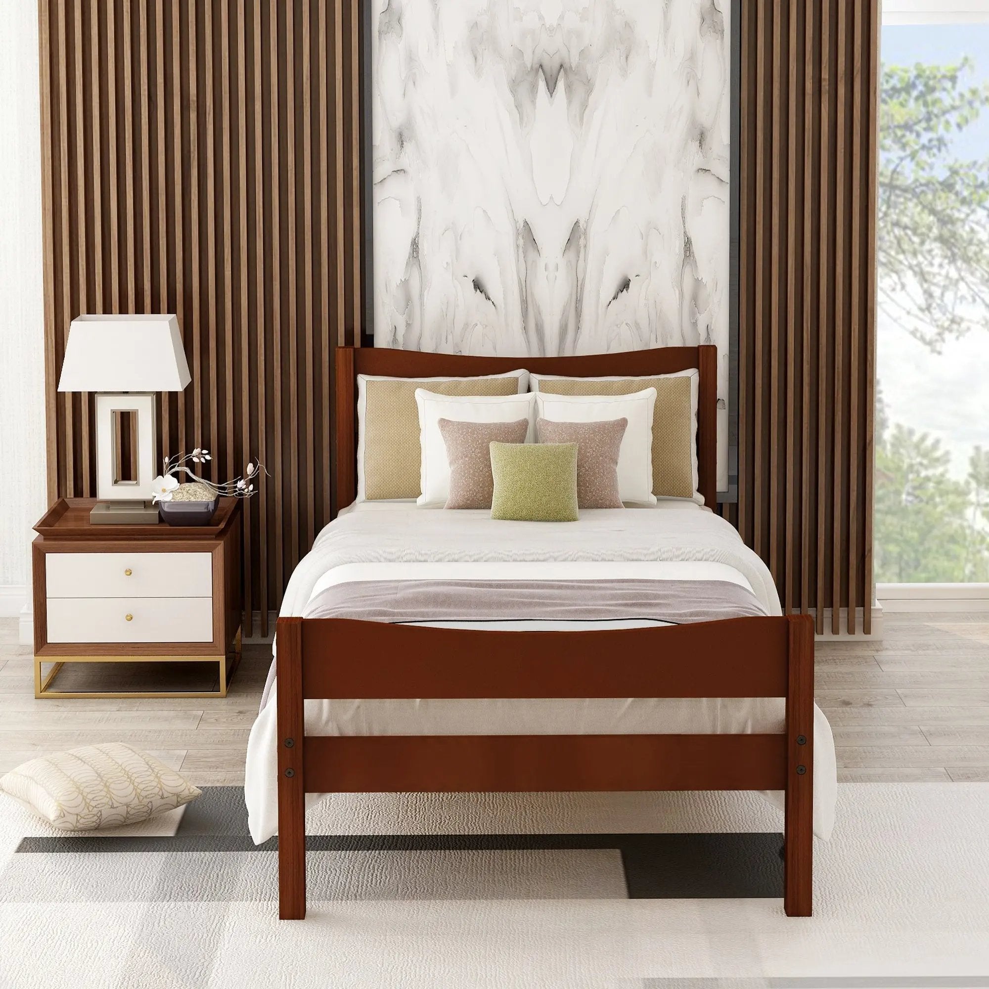 Walnut Twin Size Wood Platform Bed with Headboard and Wooden Slat Support - Direct Wicker