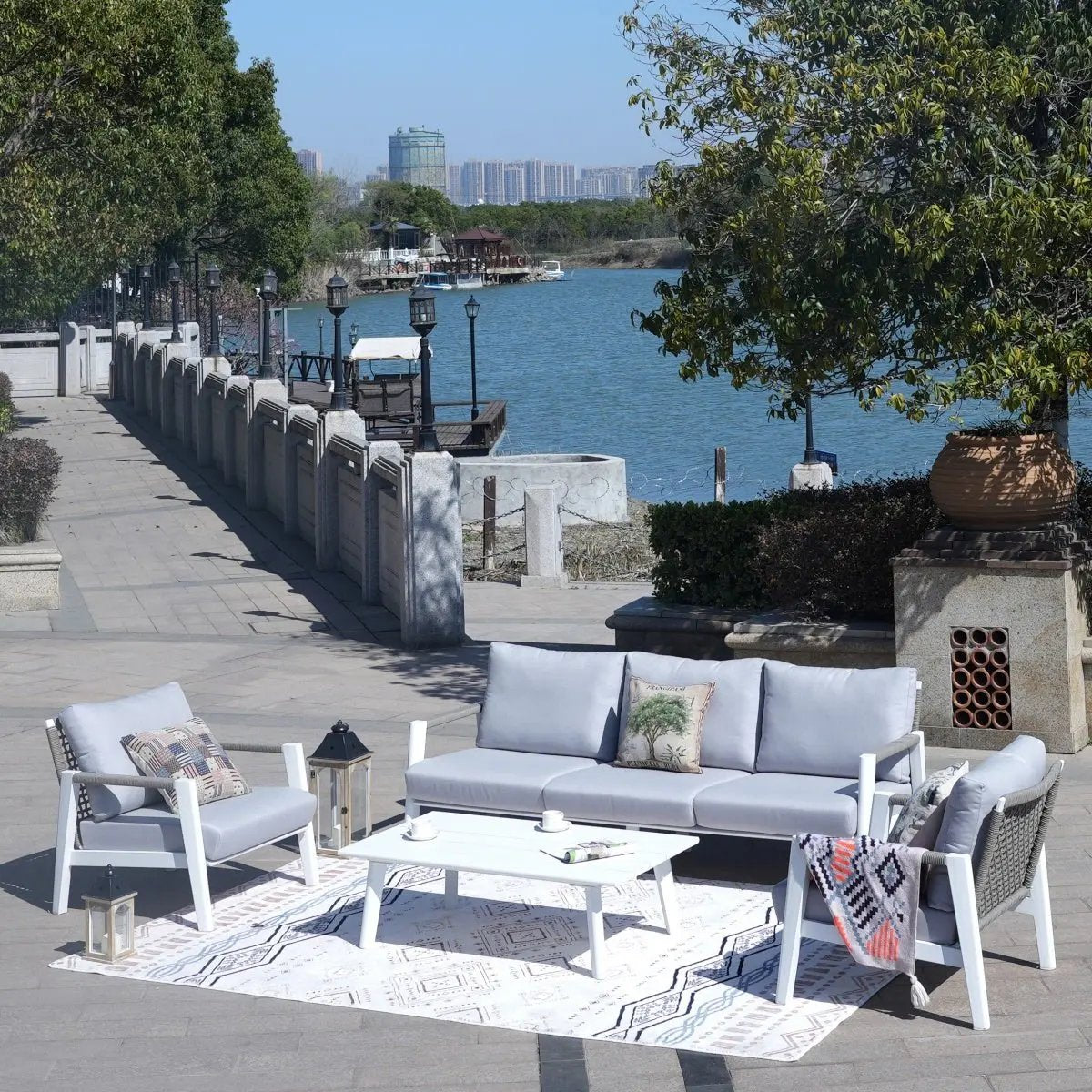 White Aluminum Outdoor Sofa Set with Rope Woven Accents – 5-Piece Modern Patio Conversation Set - Direct Wicker