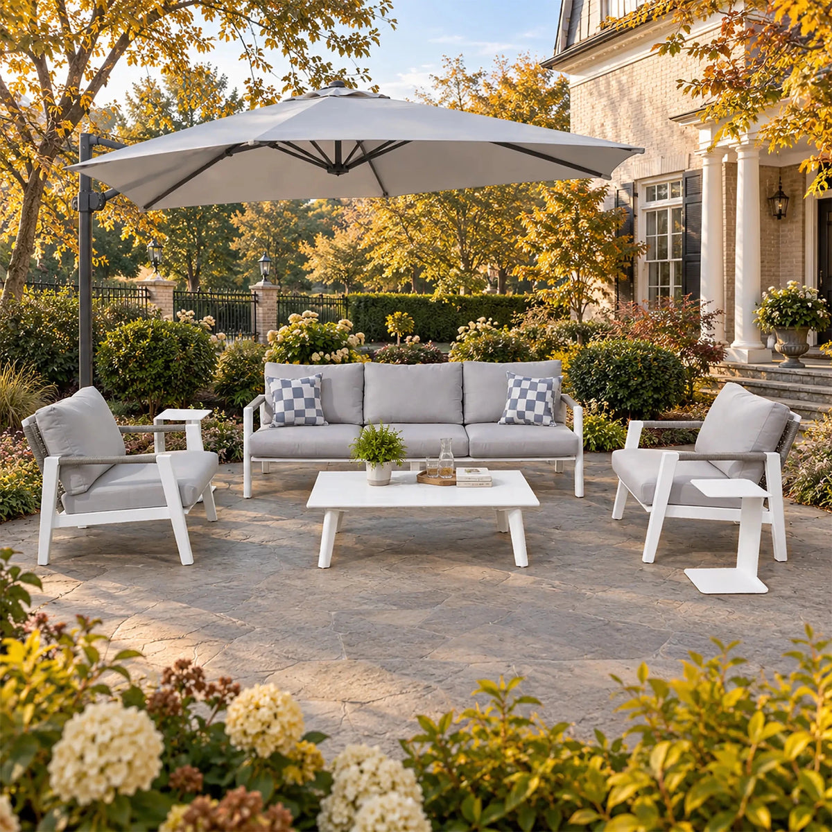 White Aluminum Outdoor Sofa Set with Rope Woven Accents – 5-Piece Modern Patio Conversation Set - Direct Wicker
