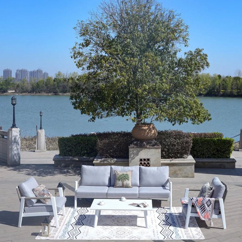 White Aluminum Outdoor Sofa Set with Rope Woven Accents – 5-Piece Modern Patio Conversation Set - Direct Wicker