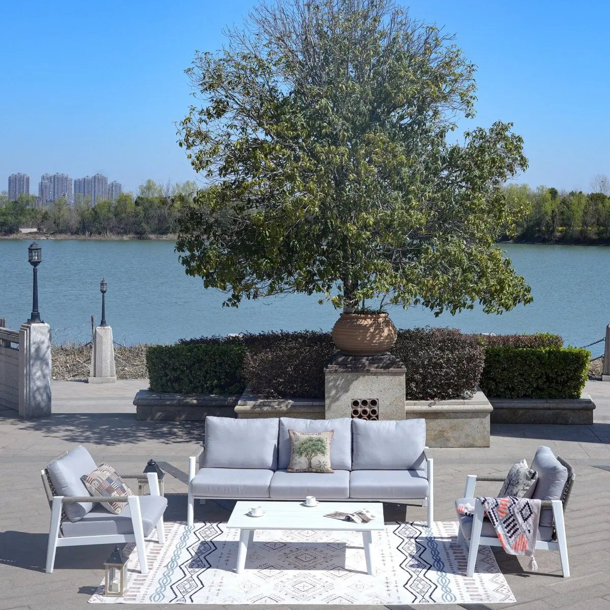 White Aluminum Outdoor Sofa Set with Rope Woven Accents – 5-Piece Modern Patio Conversation Set - Direct Wicker