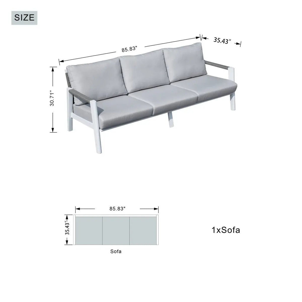 White Aluminum Outdoor Sofa Set with Rope Woven Accents – 5-Piece Modern Patio Conversation Set - Direct Wicker