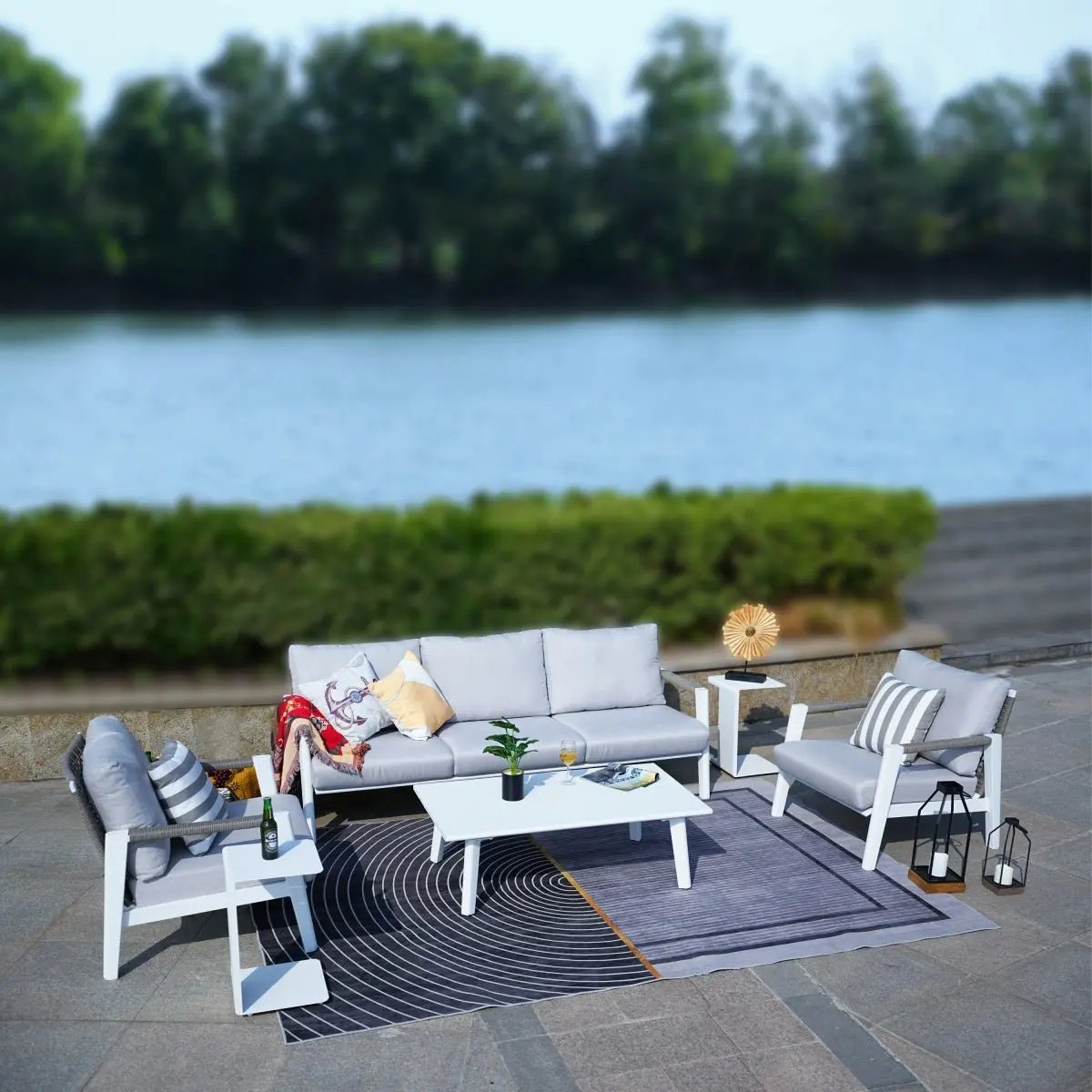 White Aluminum Outdoor Sofa Set with Rope Woven Accents – 5-Piece Modern Patio Conversation Set - Direct Wicker