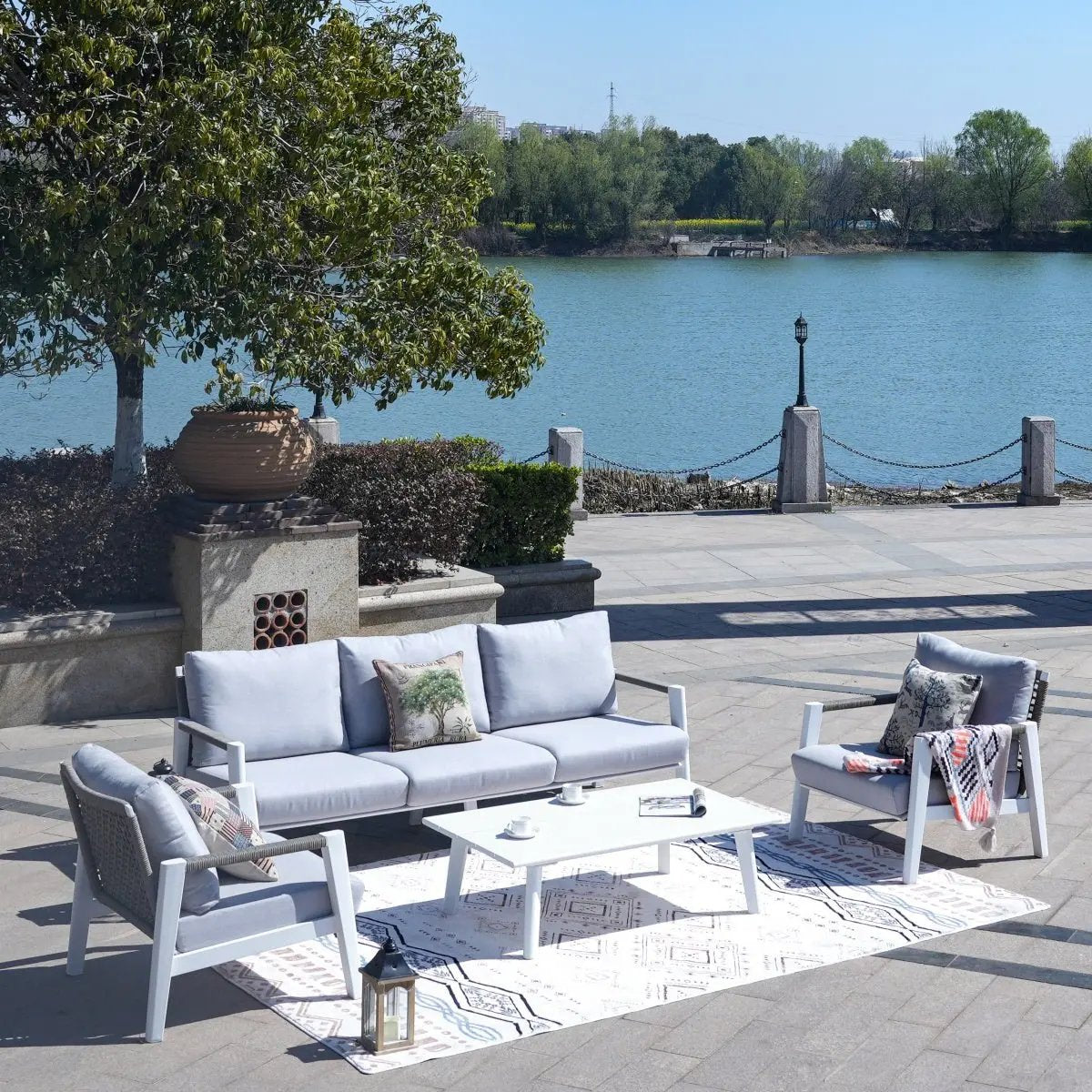 White Aluminum Outdoor Sofa Set with Rope Woven Accents – 5-Piece Modern Patio Conversation Set - Direct Wicker