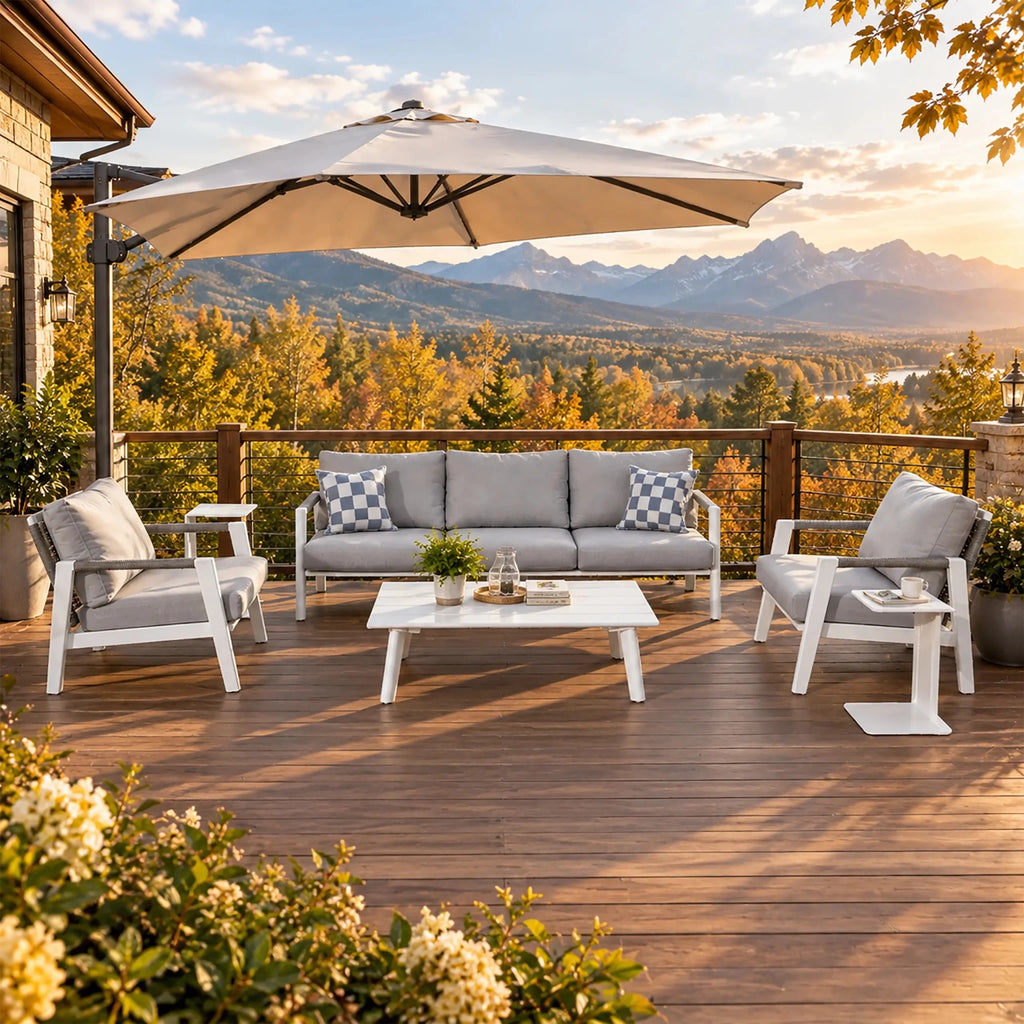 White Aluminum Outdoor Sofa Set with Rope Woven Accents – 5-Piece Modern Patio Conversation Set - Direct Wicker