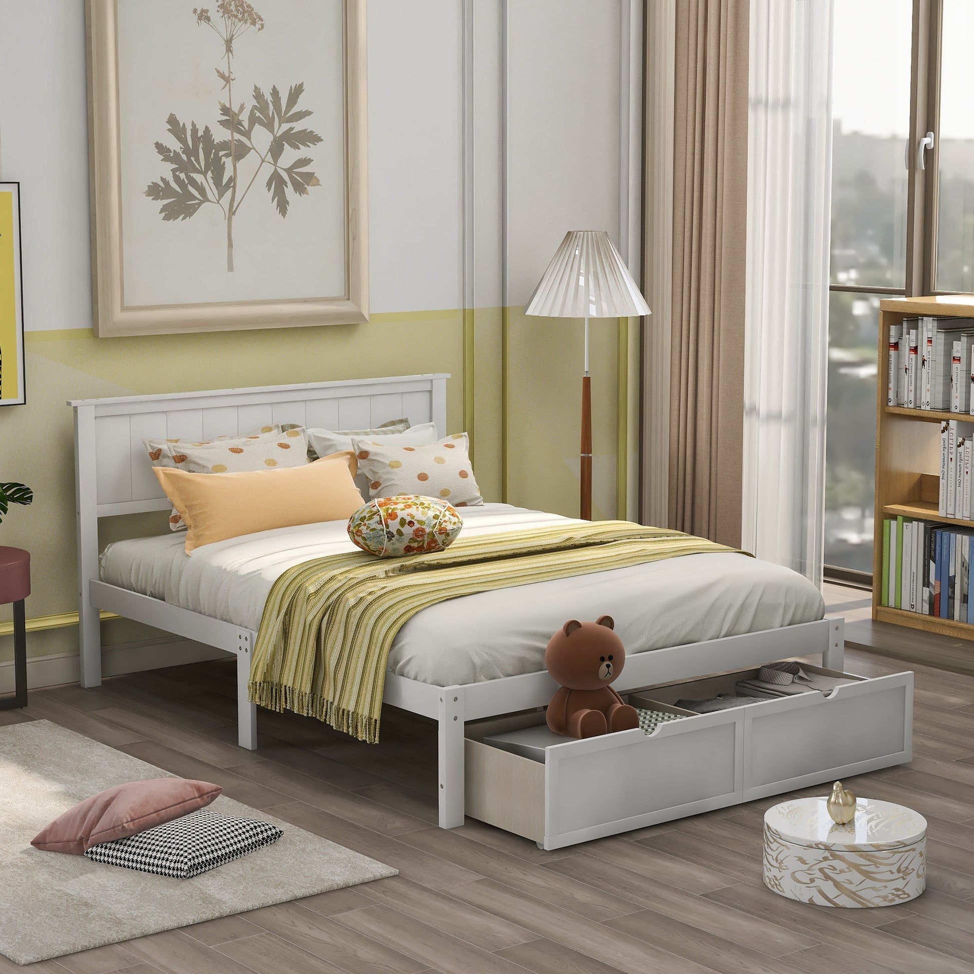 White Full Size Platform Bed with Under - bed Drawers (WF196530AAK) - Direct Wicker