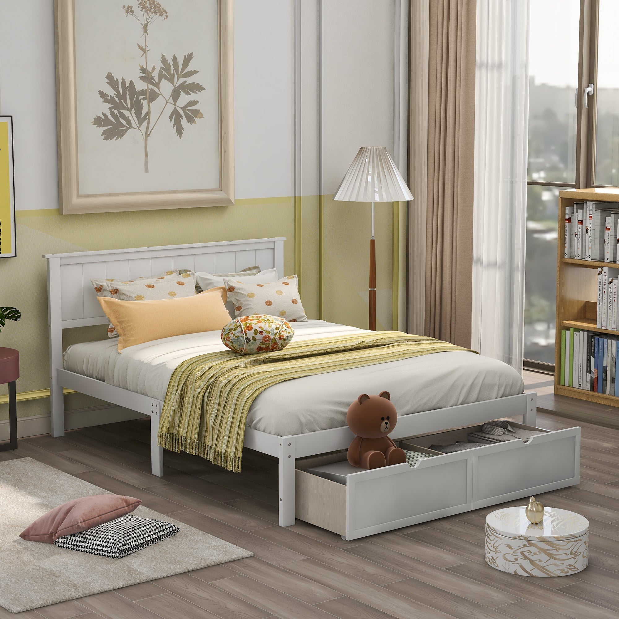 White Full Size Platform Bed with Under - bed Drawers (WF196530AAK) - Direct Wicker