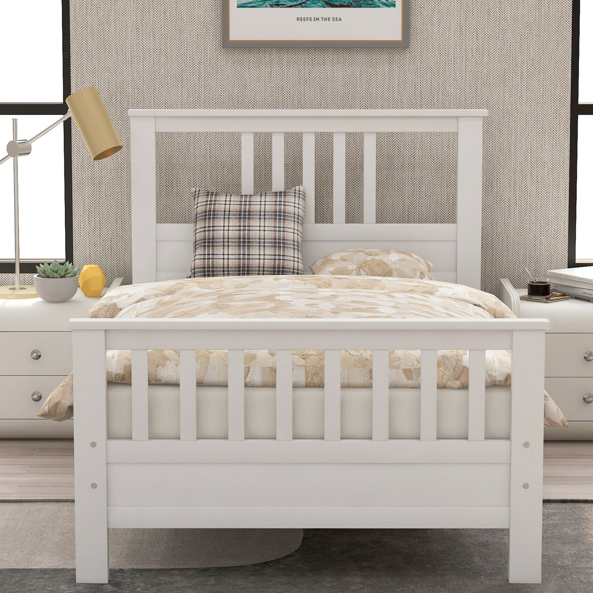 White Pine Wood Platform Bed with Paneled Headboard and Footboard (WF192972AAK) - Direct Wicker