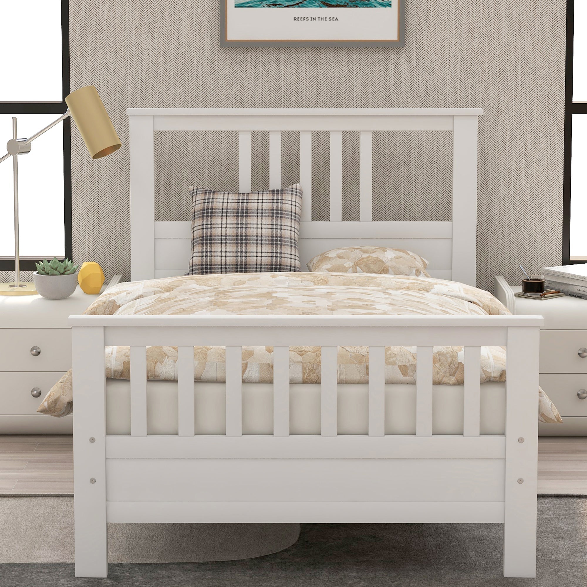 White Pine Wood Platform Bed with Paneled Headboard and Footboard (WF192972AAK) - Direct Wicker