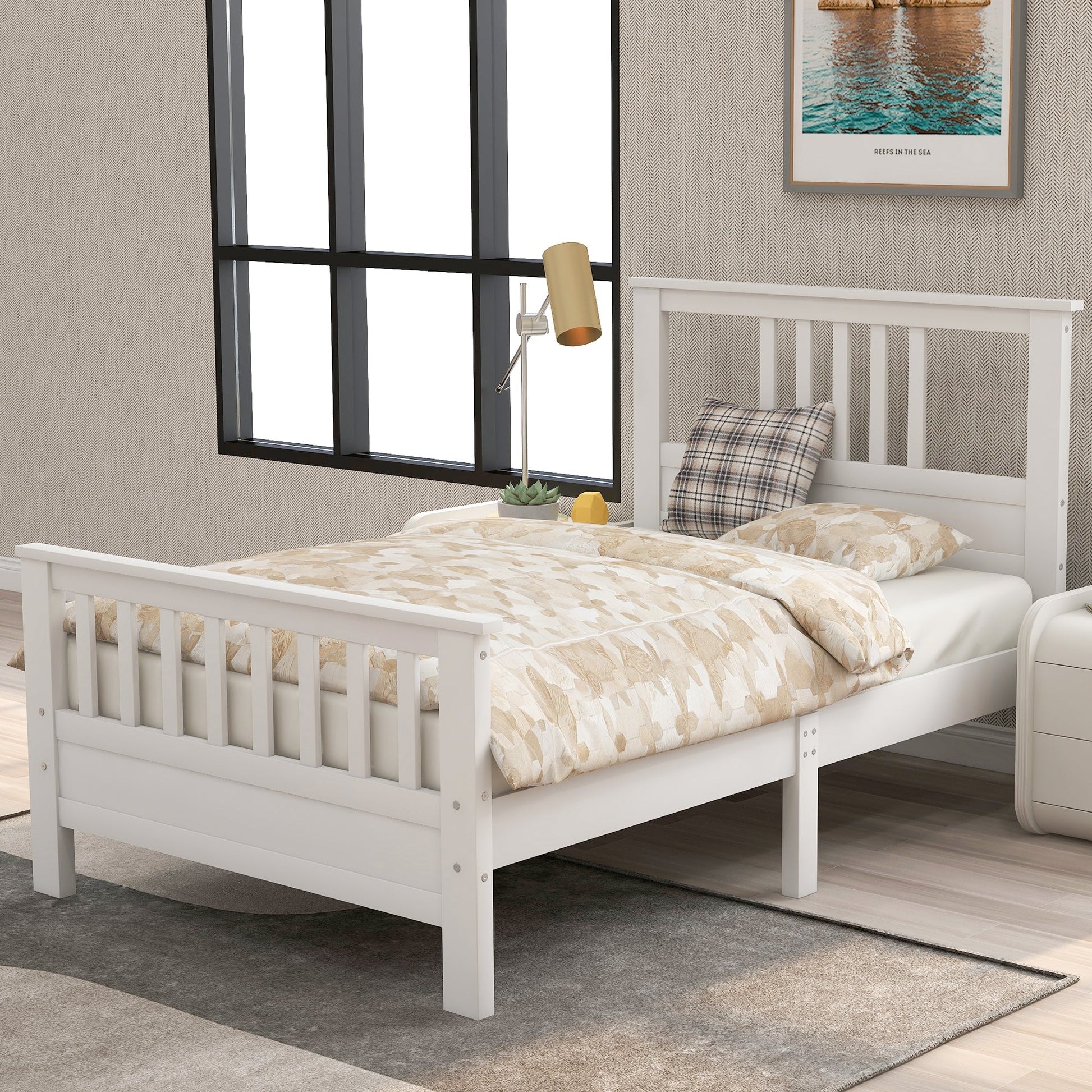 White Pine Wood Platform Bed with Paneled Headboard and Footboard (WF192972AAK) - Direct Wicker