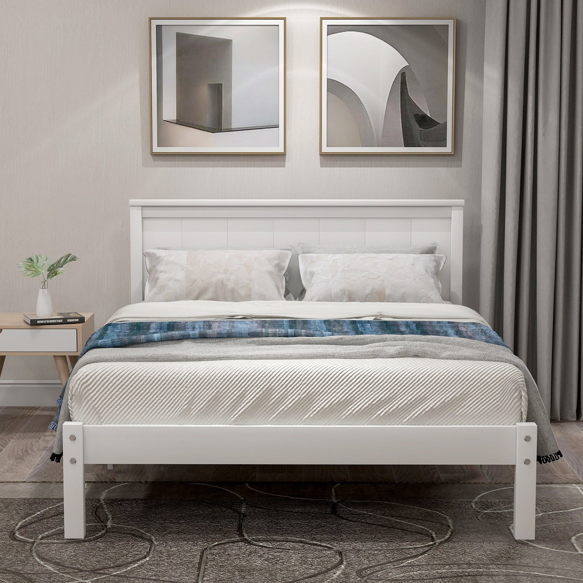 White Platform Bed Frame with Headboard, Wood Slat Support (WF212811AAK) - Direct Wicker