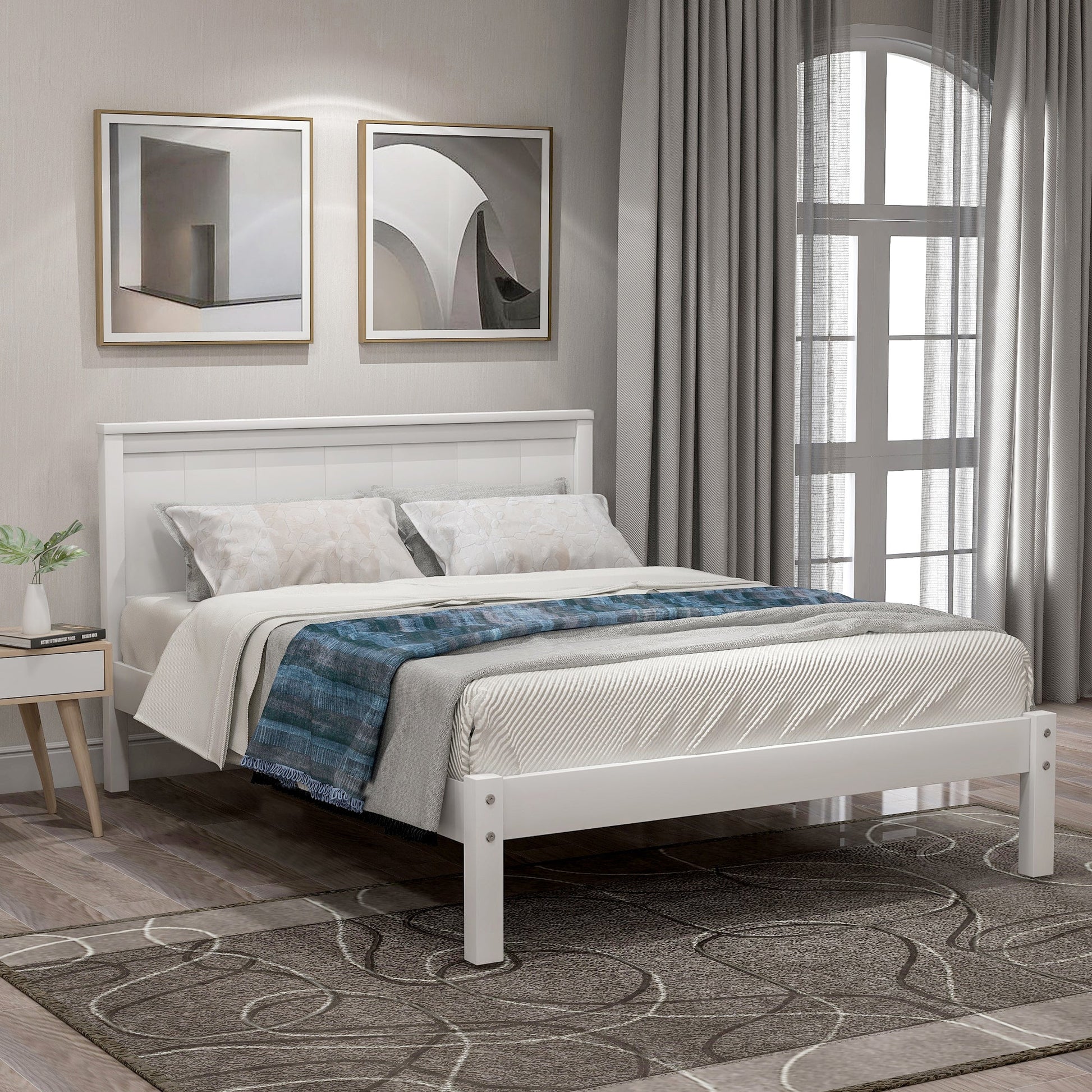 White Platform Bed Frame with Headboard, Wood Slat Support (WF212811AAK) - Direct Wicker