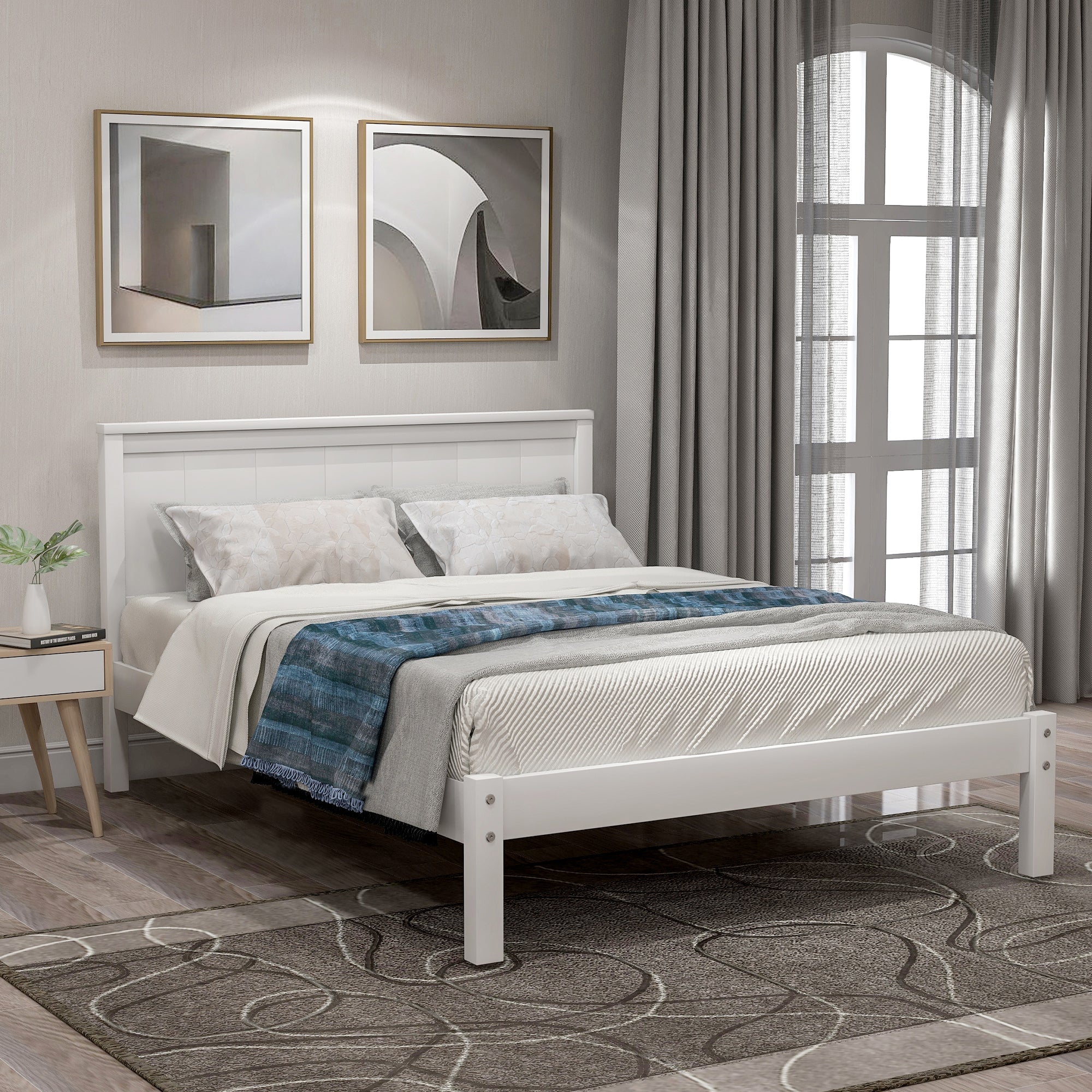 White Platform Bed Frame with Headboard, Wood Slat Support (WF212811AAK) - Direct Wicker