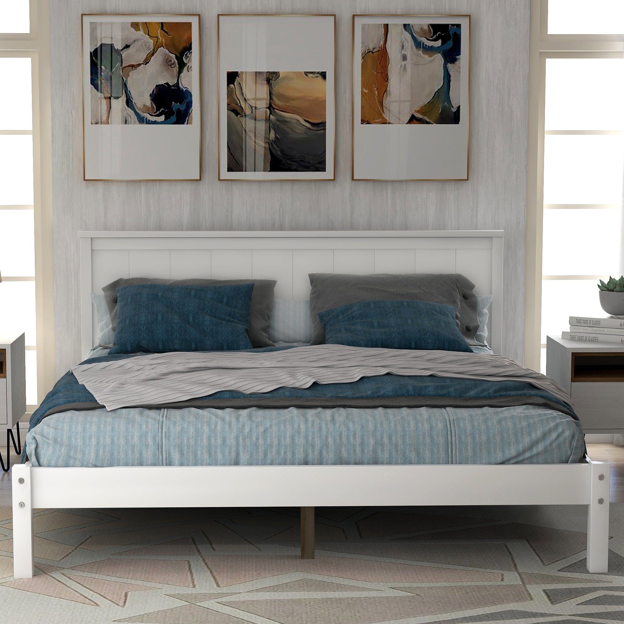 White Platform Bed Frame with Headboard, Wood Slat Support (WF212812AAK) - Direct Wicker