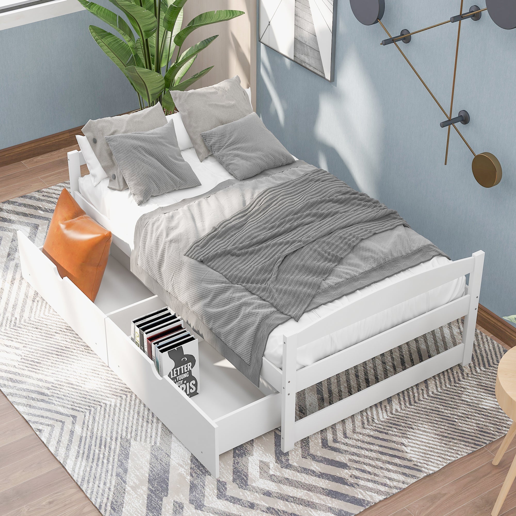 White Twin Size Platform Bed with Two Drawers, Solid Wood and MDF (WF195910AAK) - Direct Wicker
