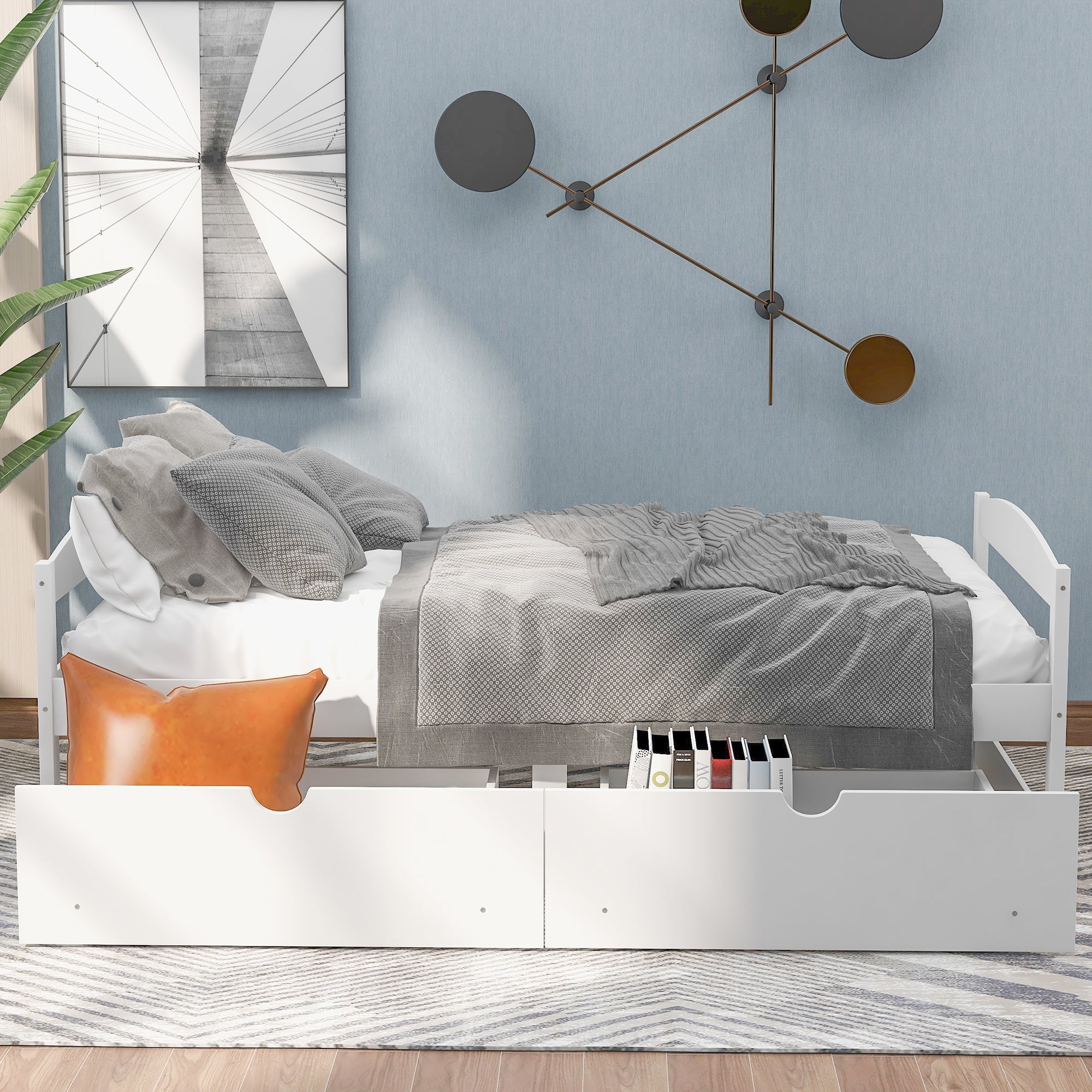 White Twin Size Platform Bed with Two Drawers, Solid Wood and MDF (WF195910AAK) - Direct Wicker