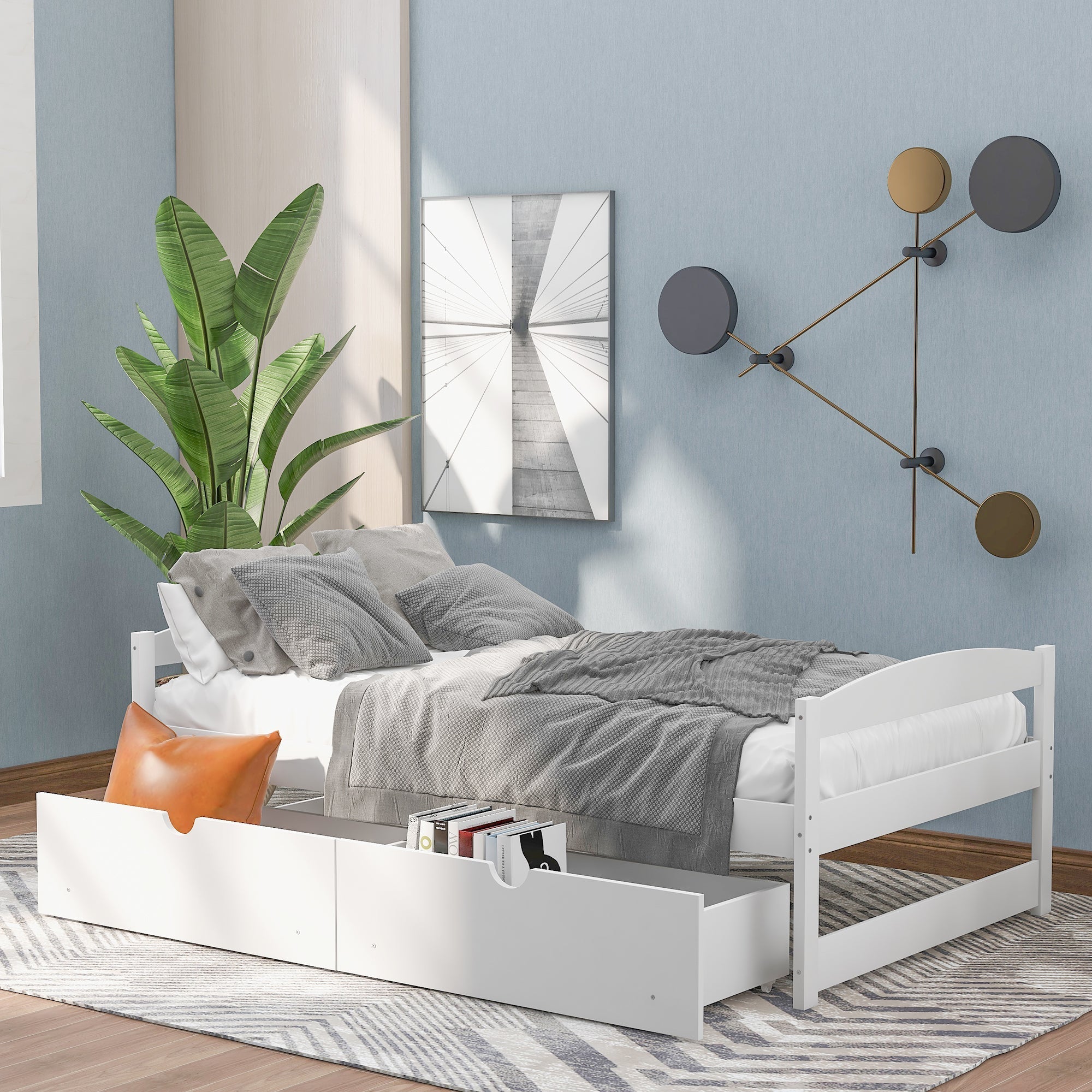 White Twin Size Platform Bed with Two Drawers, Solid Wood and MDF (WF195910AAK) - Direct Wicker